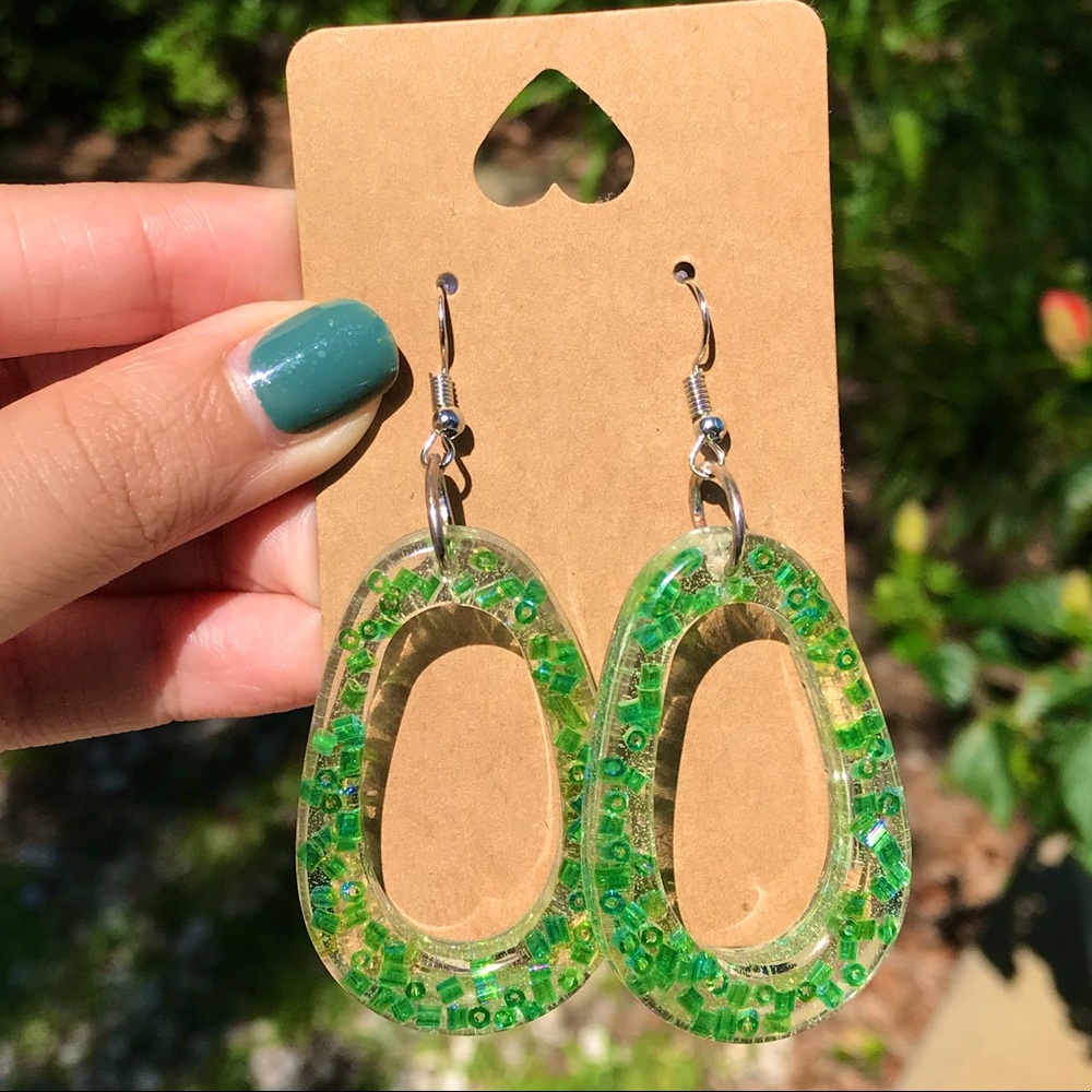 Handmade Resin Earrings with Tiny Green Beads 🐢